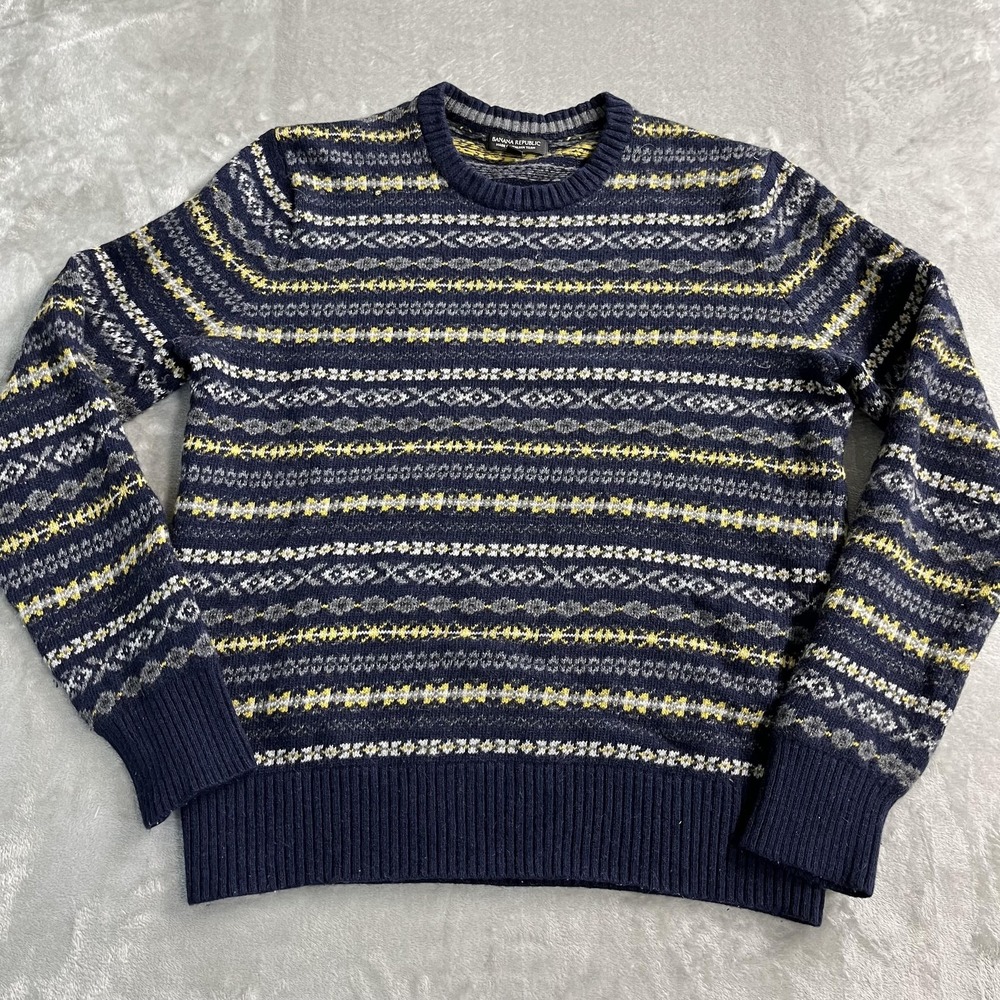 Banana Republic Sweater Mens Large Blue Fair Isle Merino Wool Crew Pullover